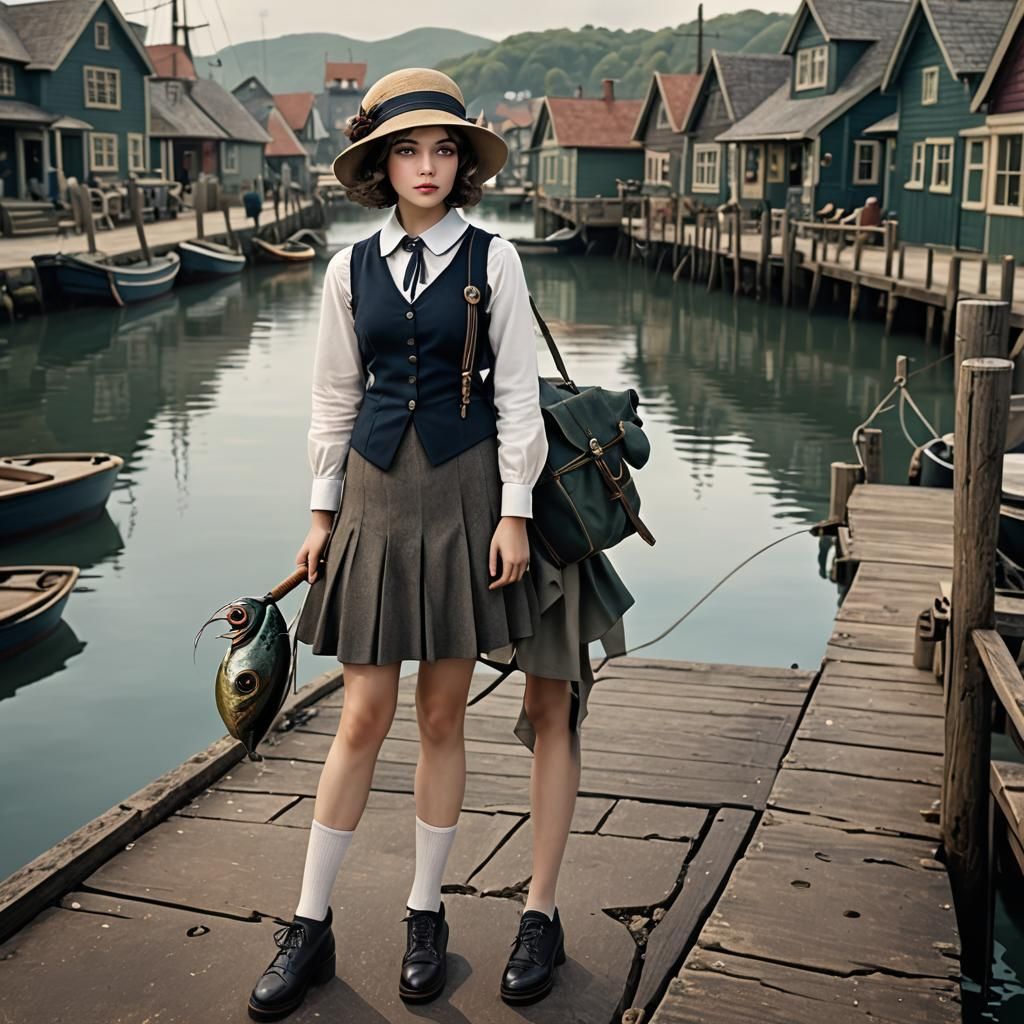 Chic Girl in 1920s Village with Lovecraftian Creature