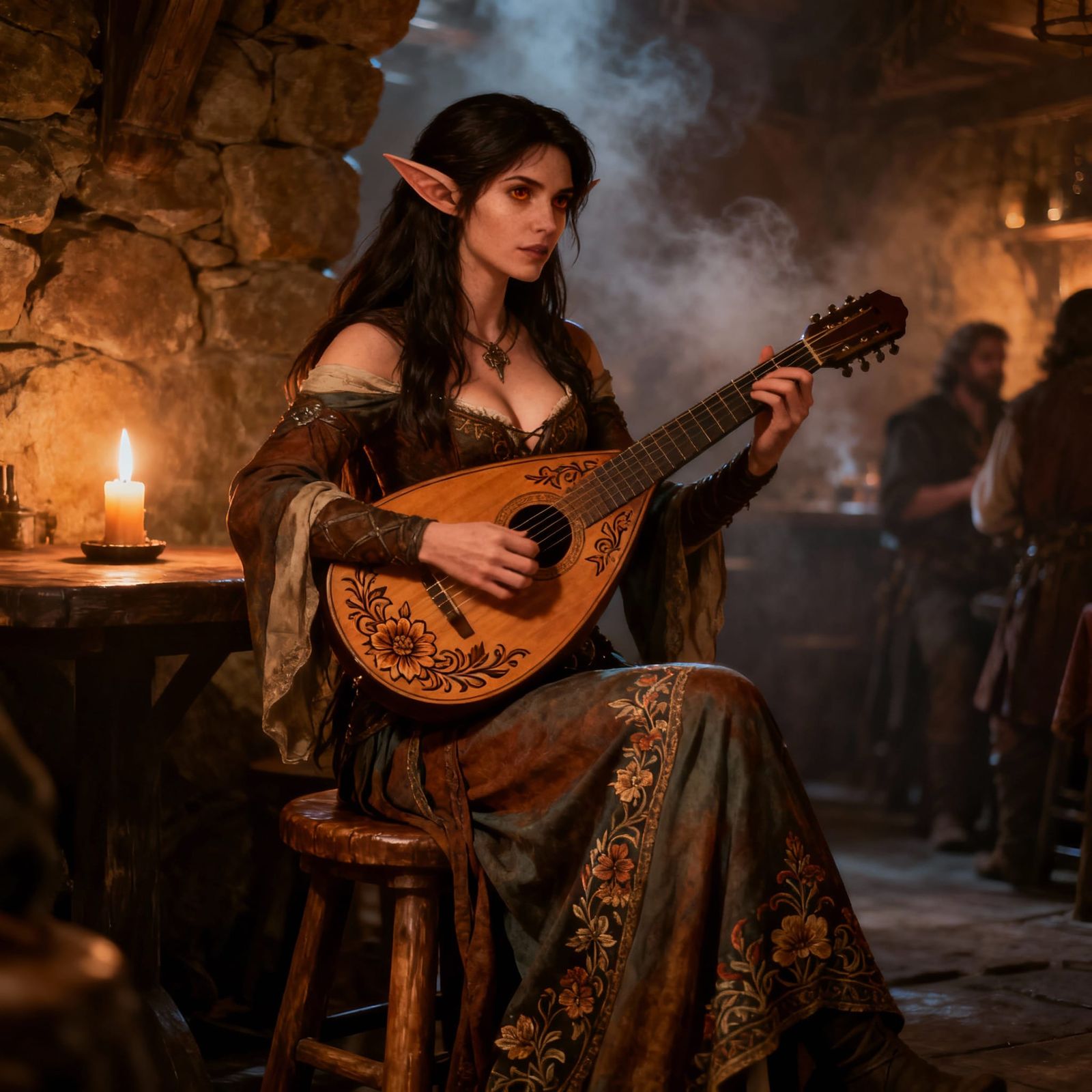 Half Elf Woman Plays Lute in Smoky Tavern