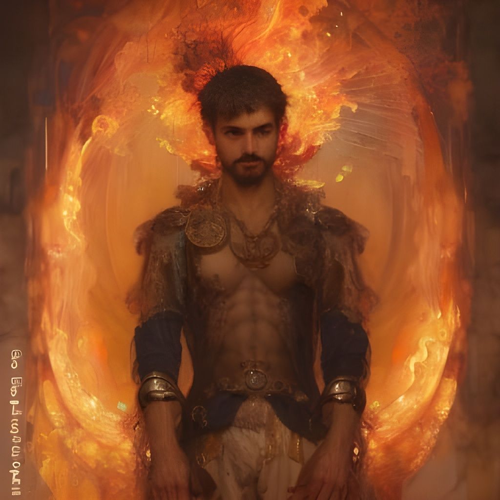 Ornate Man in Fire: Hyperrealistic Portrait