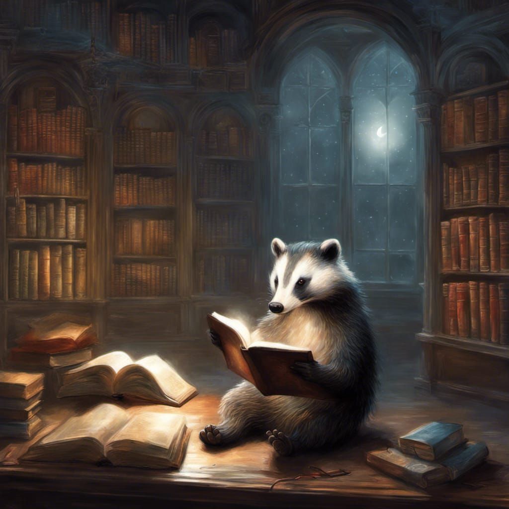 Badger's Nighttime Reading in Ethereal Library