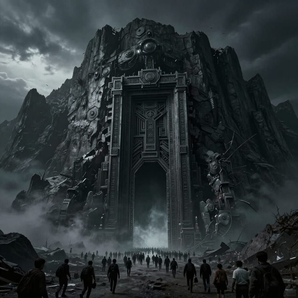 Colossal Mechanical Door on Jagged Mountain in Twilight