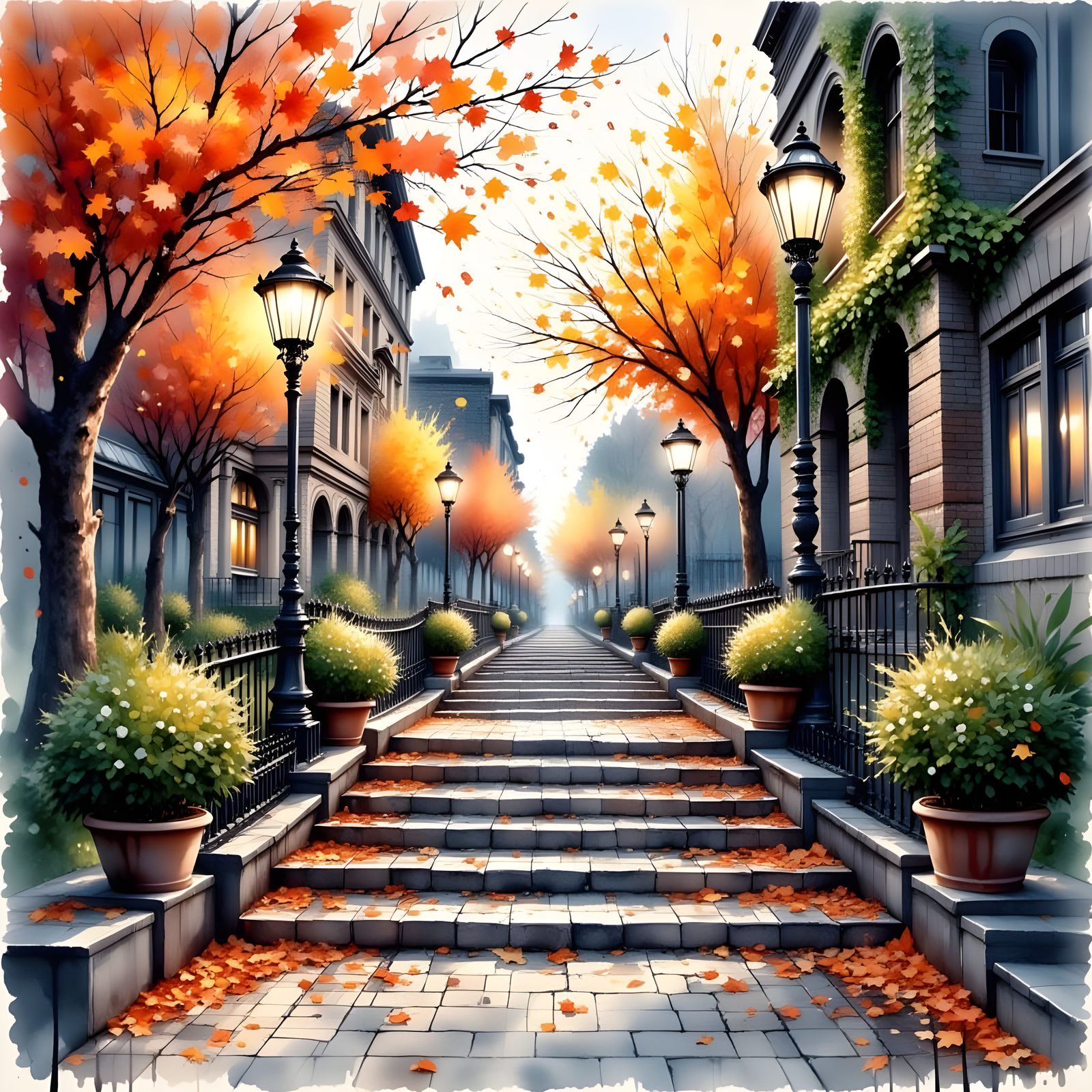 Autumn Staircase Scene with Vintage Lamps