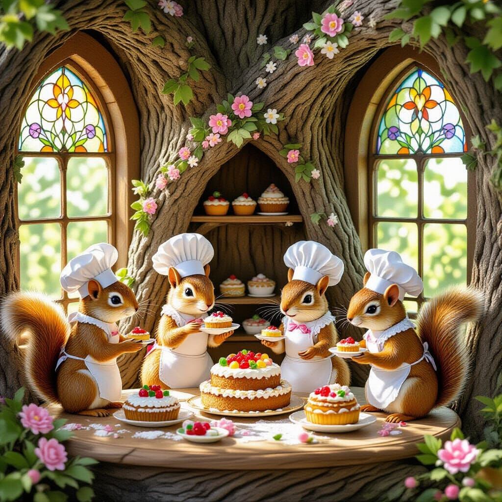 Squirrel Chefs Bake Cakes in Woodland Tree Bakery