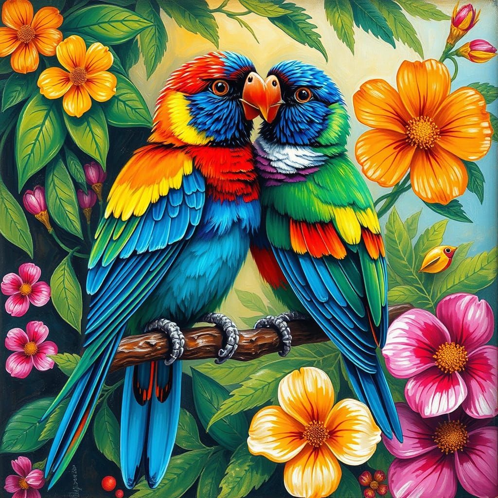 Vibrant Birds in Whimsical Folk Art Style