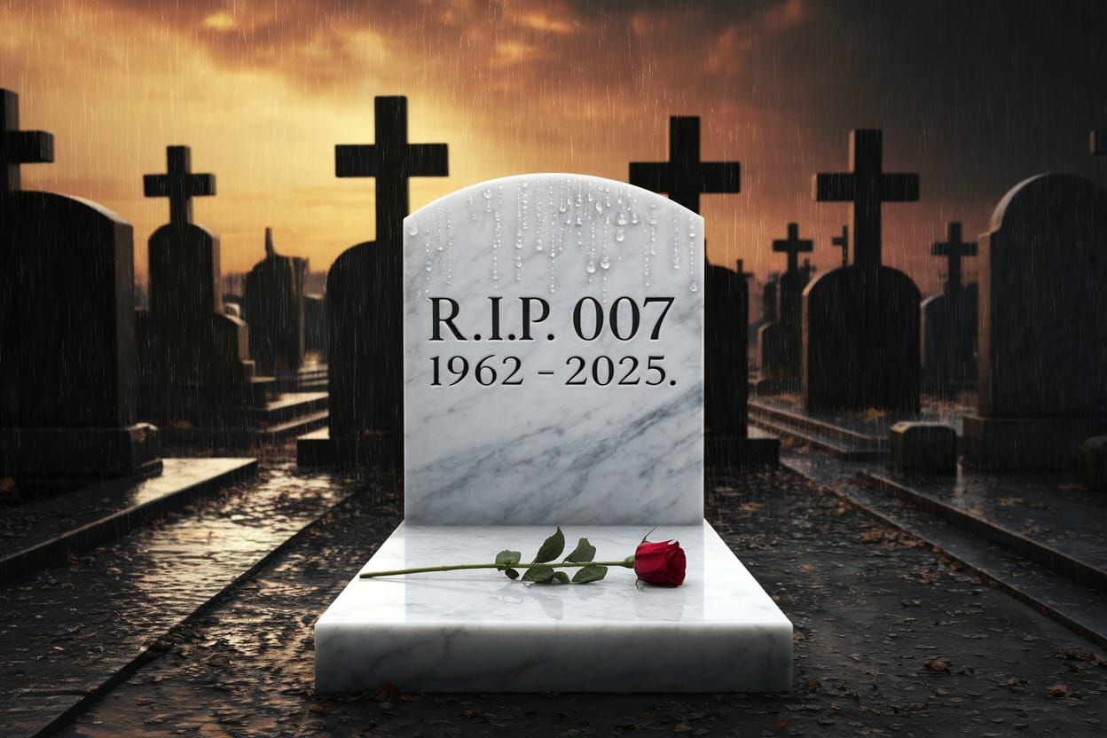 A gloomy rainy day. An abandoned cemetery. A marble tombstone with the inscription "R.I.P. 007" and under it the years 1...