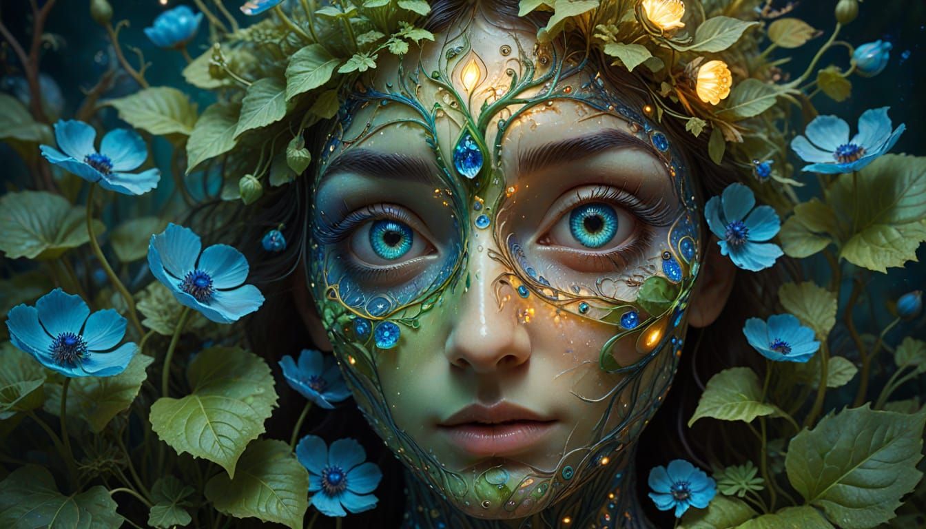 Surrealist Dreamscape with Gentle Figure and Glowing Geode E...