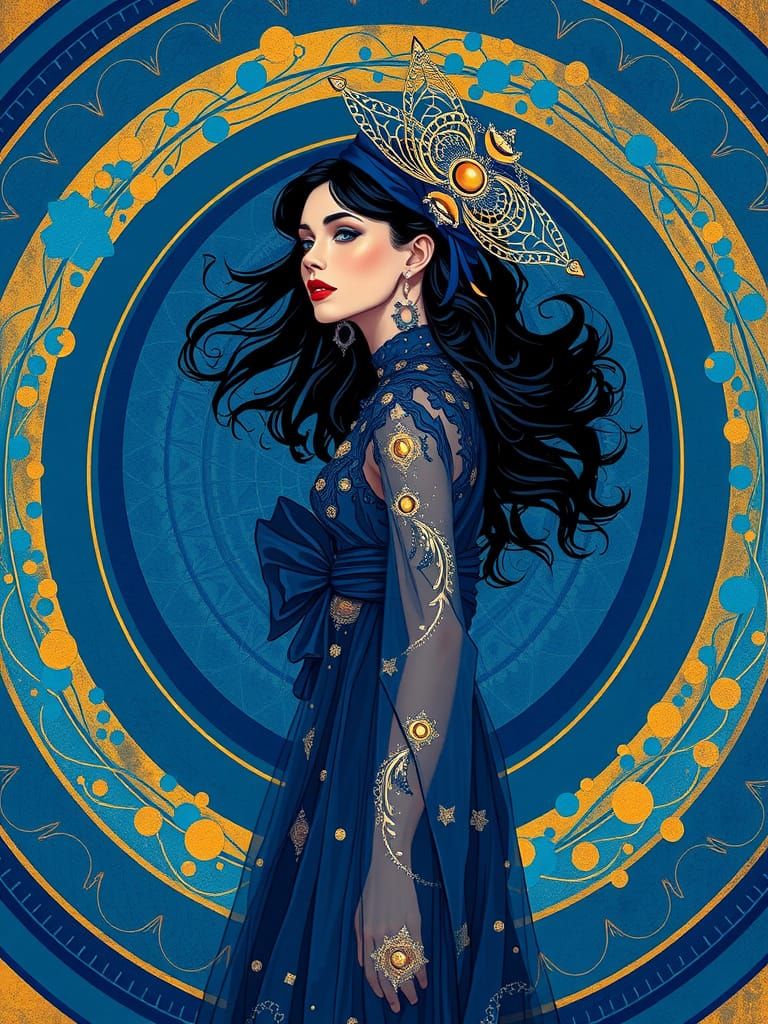 Ethereal Goddess in Sapphire and Gold Haute Couture