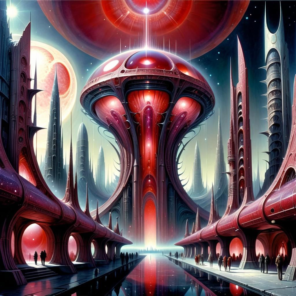 Glittering Fantasy Cityscape in Psychedelic Art Style