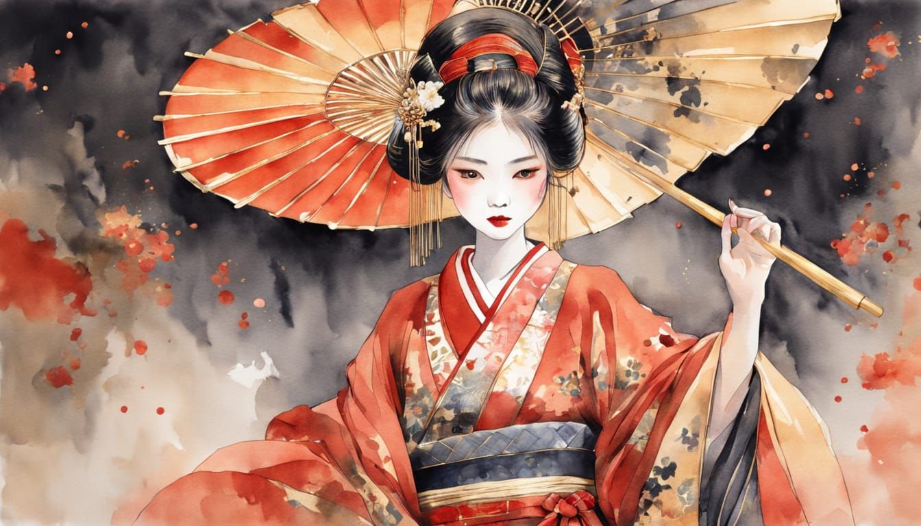 A Geisha in Elegant Reds and Gold