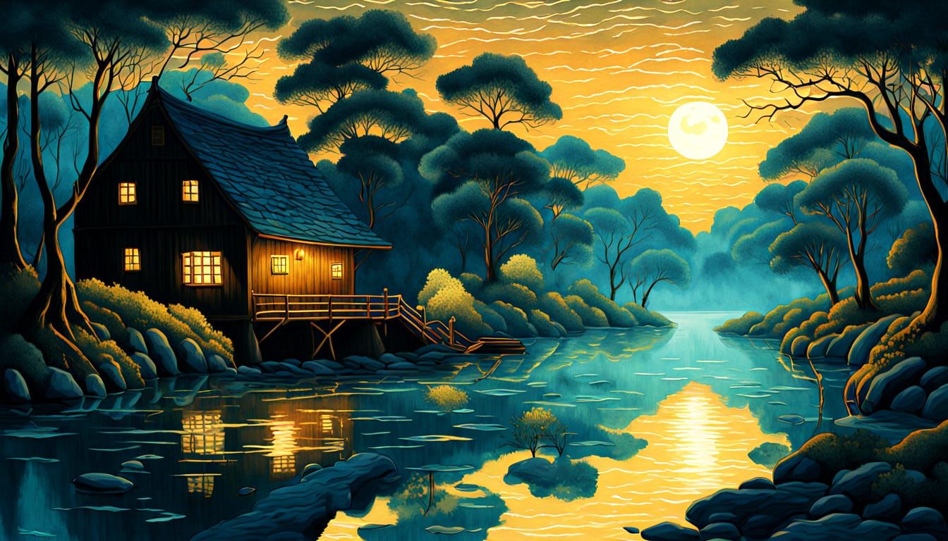 Moonlit Watermill on a Bioluminescent River in Oil Painting ...