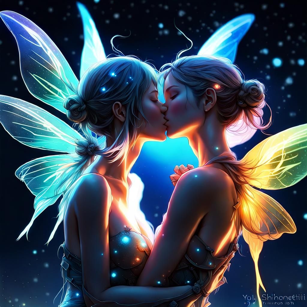 Lesbian Fairies Kissing Under Rainbow Light