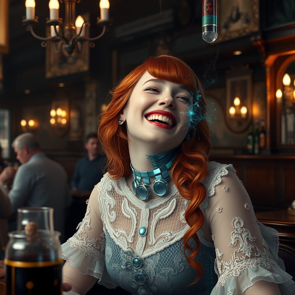 Laughing Irish Redhead with AI, Art Deco Rococo Style