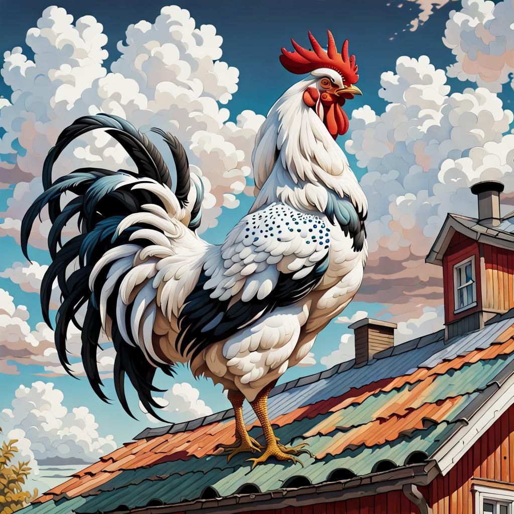 Rooster on Farmhouse Roof in Pixel Art Style