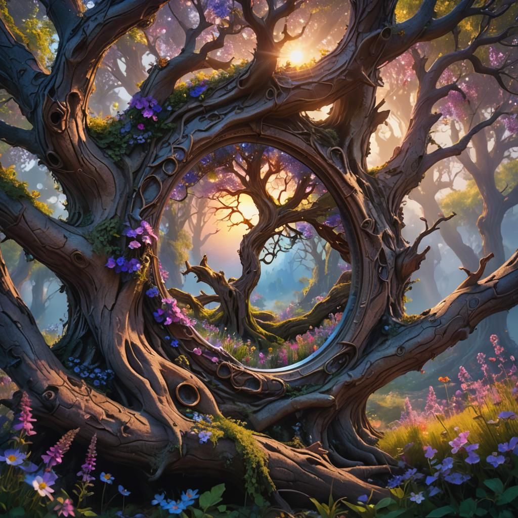 Mystical Mirror Embedded in Ancient Tree