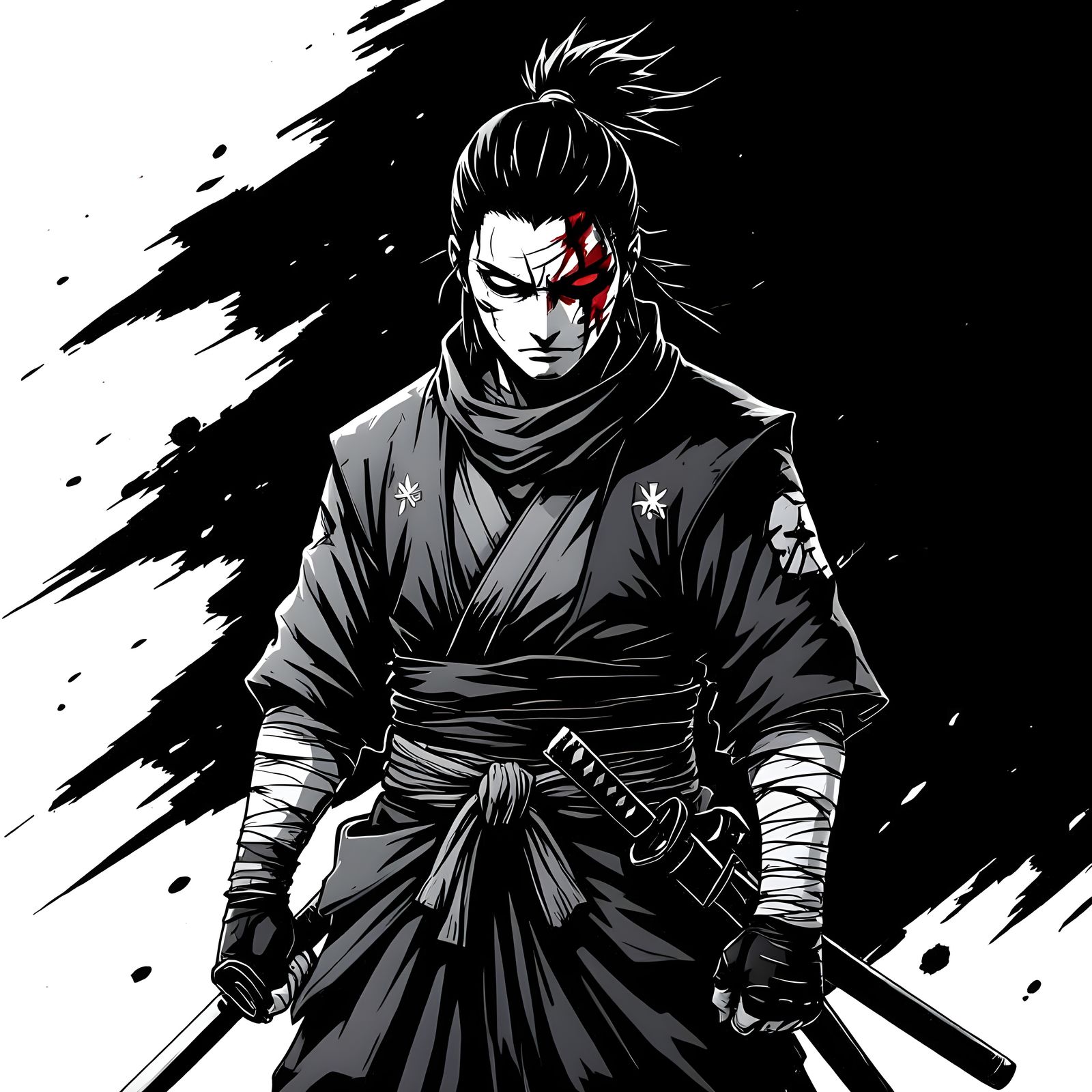 Lone Shinobi Warrior in Black and White Manga Style