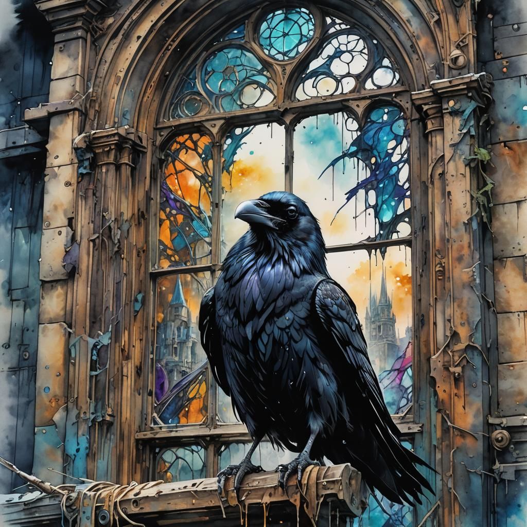Cybernetic Raven on Mage Castle Window in Watercolor Style