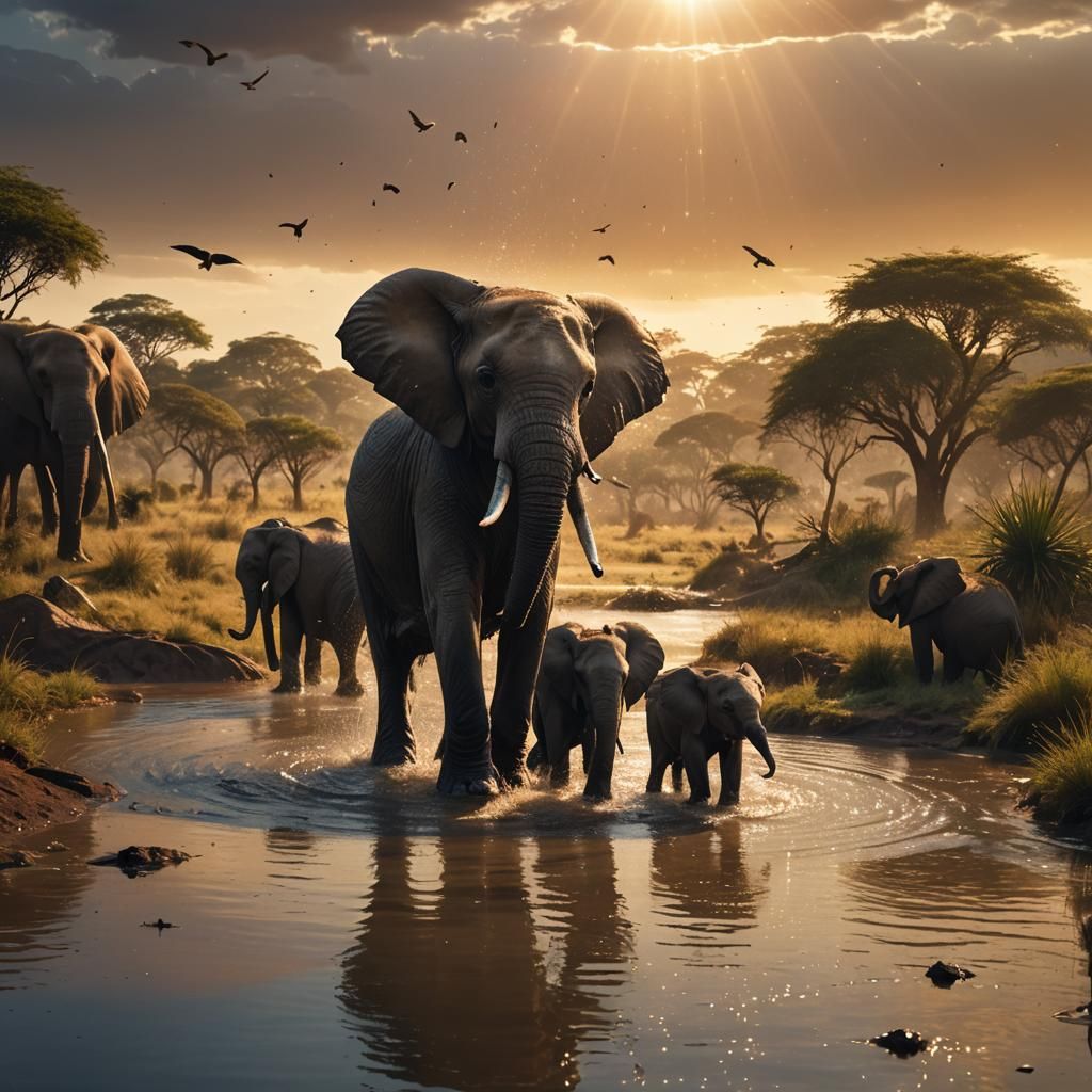 Baby Elephant Sprays Water in African Lake