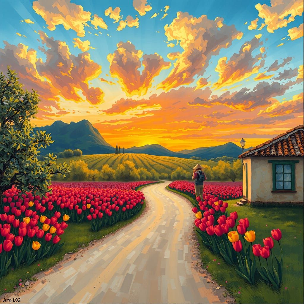 Impressionist Tulips Field at Sunset with Mountain Views