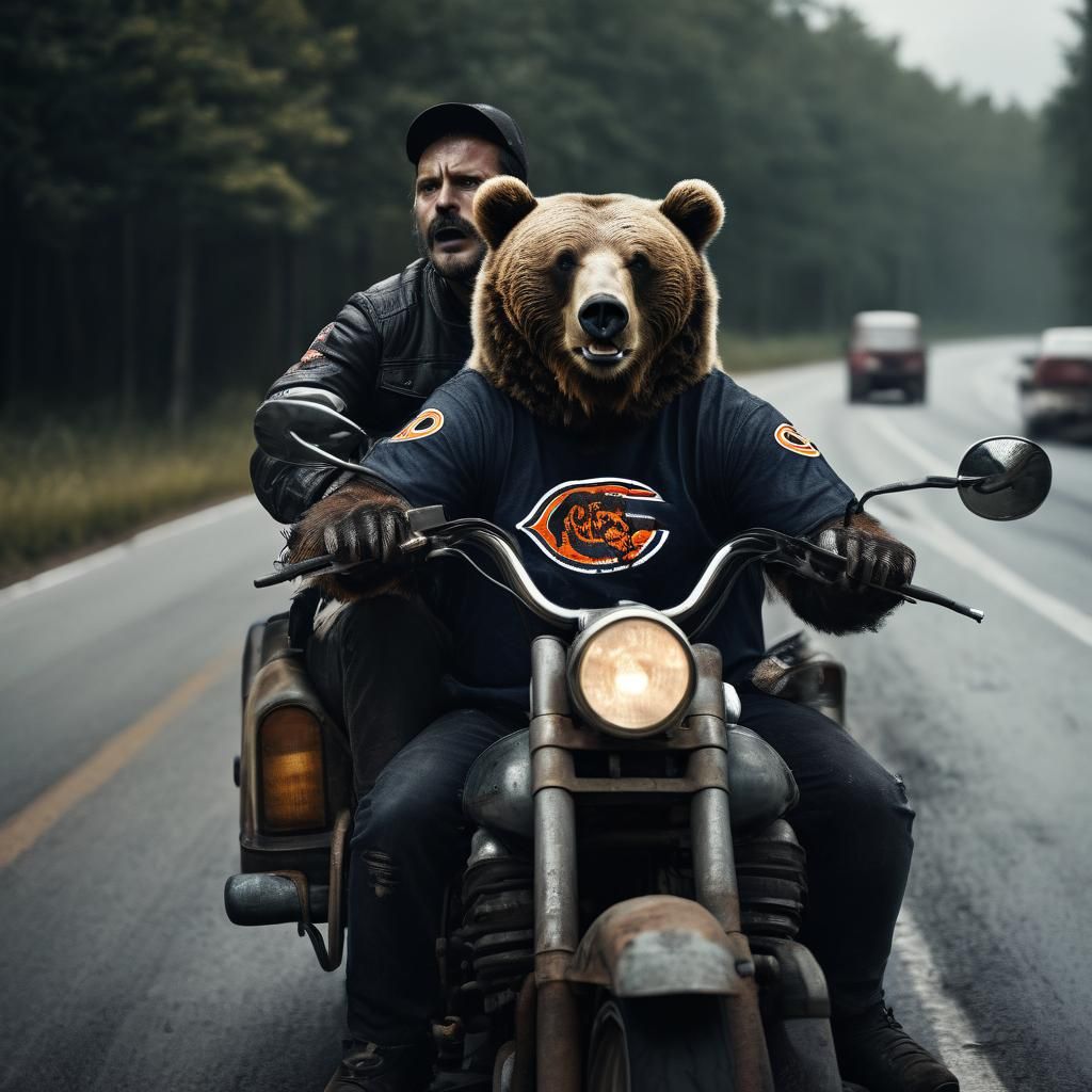 Monochrome Bear Rides Motorcycle with Packers Fan