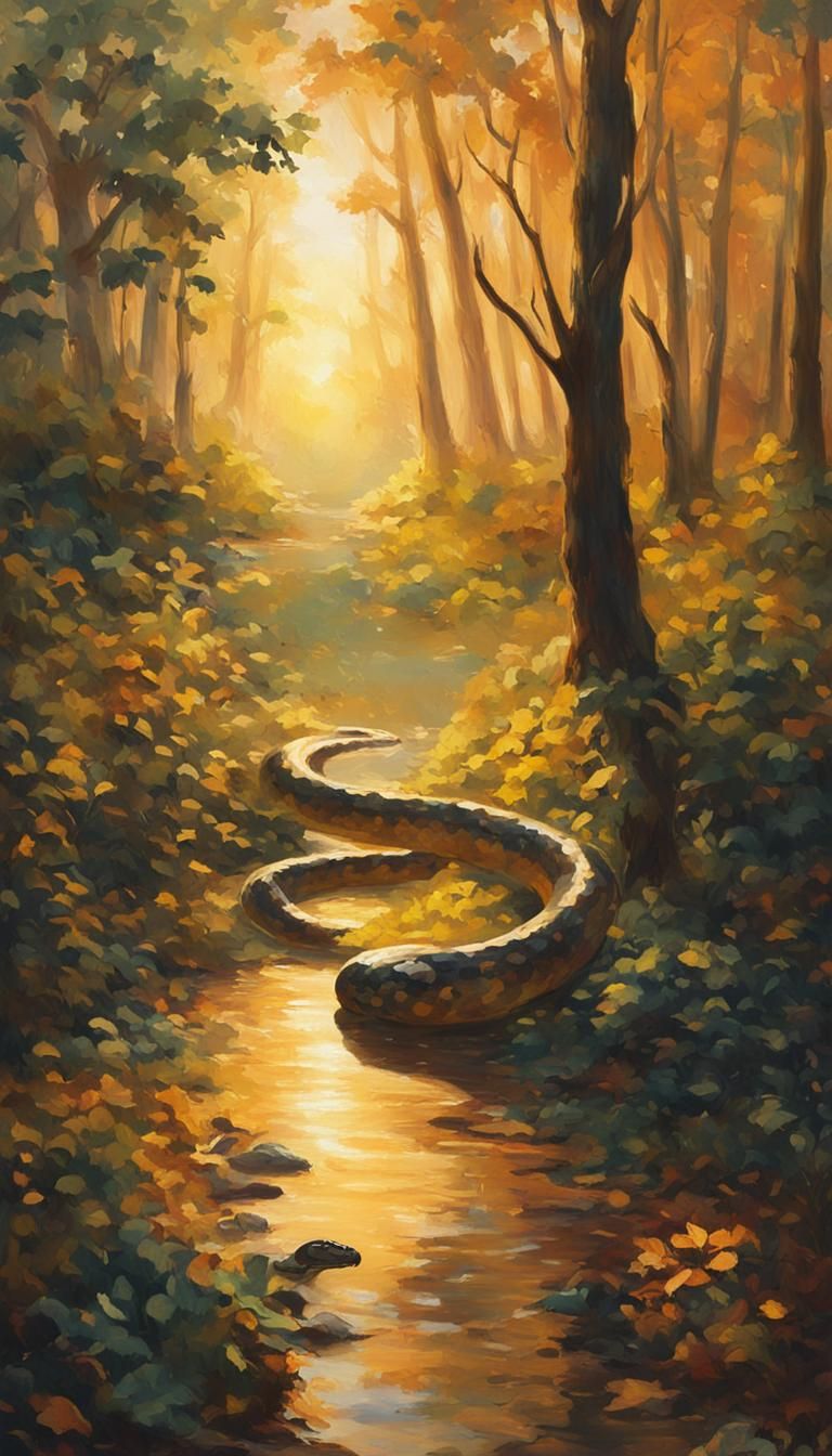Anaconda in Amazonian Forest at Dusk, Impressionistic Style