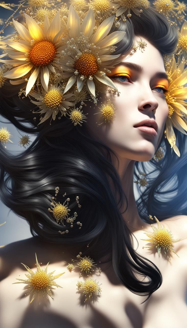 Amber Woman with Daisy Chain, Hyperrealistic Digital Art