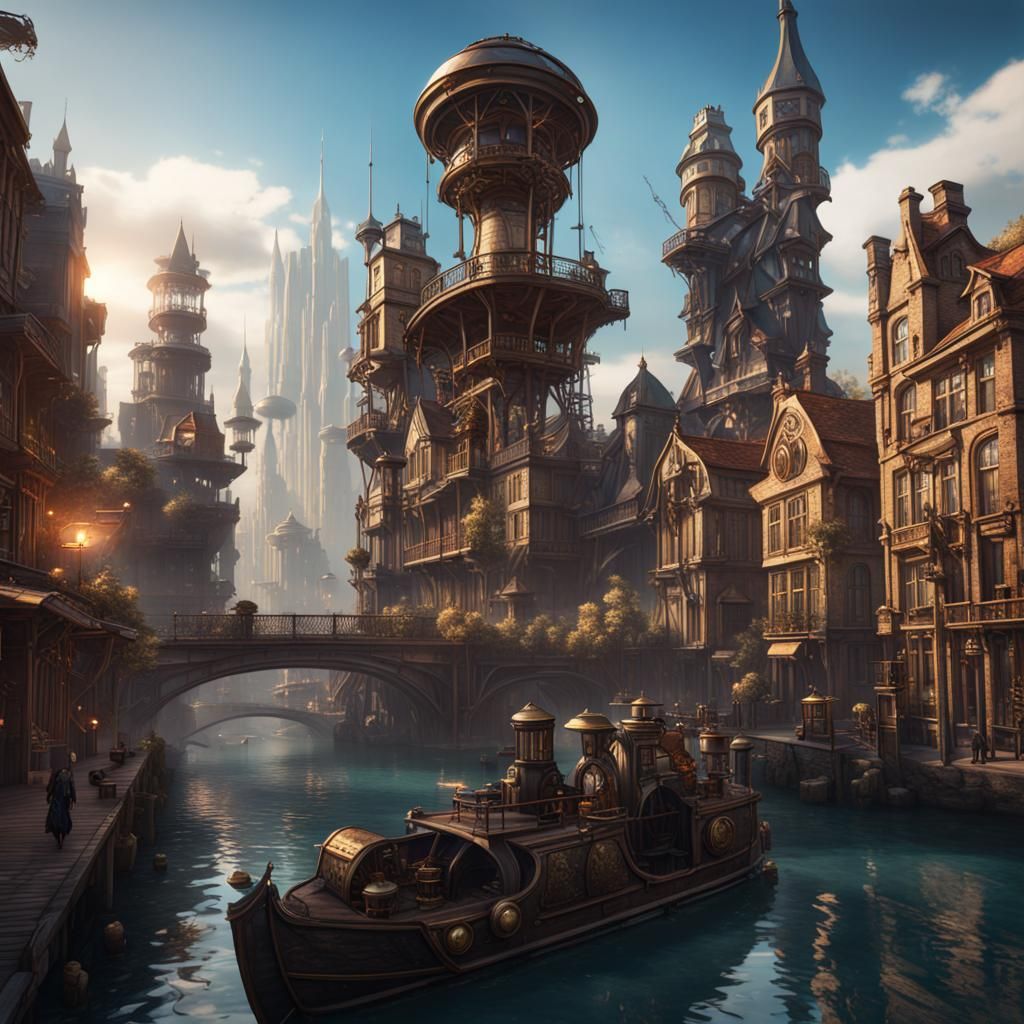 Steampunk Falcon Riders in a Fantasy City