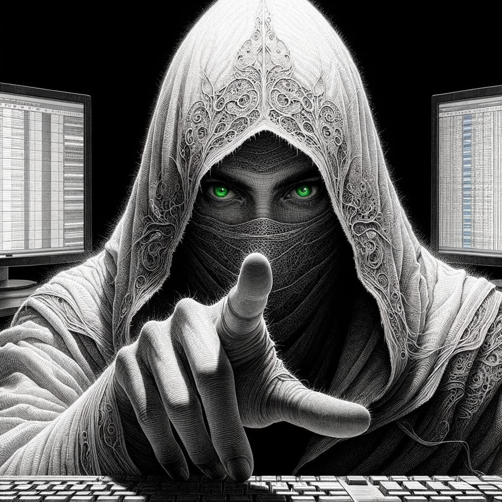 Mysterious Hooded Figure with Piercing Green Eyes