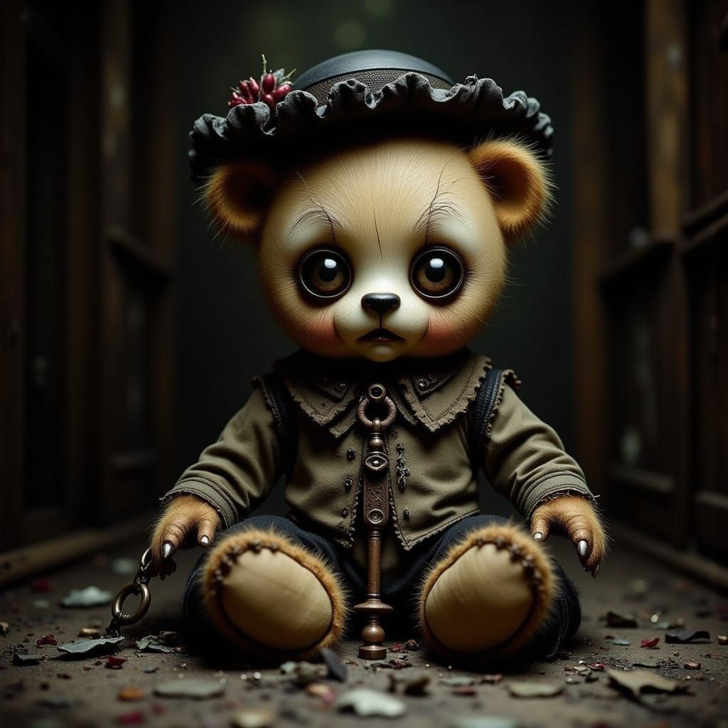 Eerie Teddy Bear with Cracked Porcelain Face