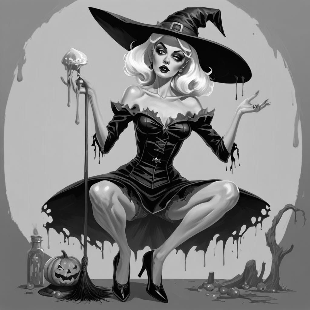 Glamorous Blonde Witch in Pin-Up Style