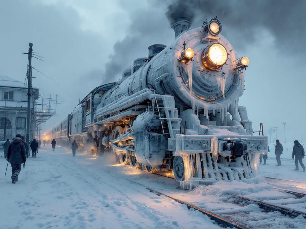 Frozen Locomotive in Icy Russian Station