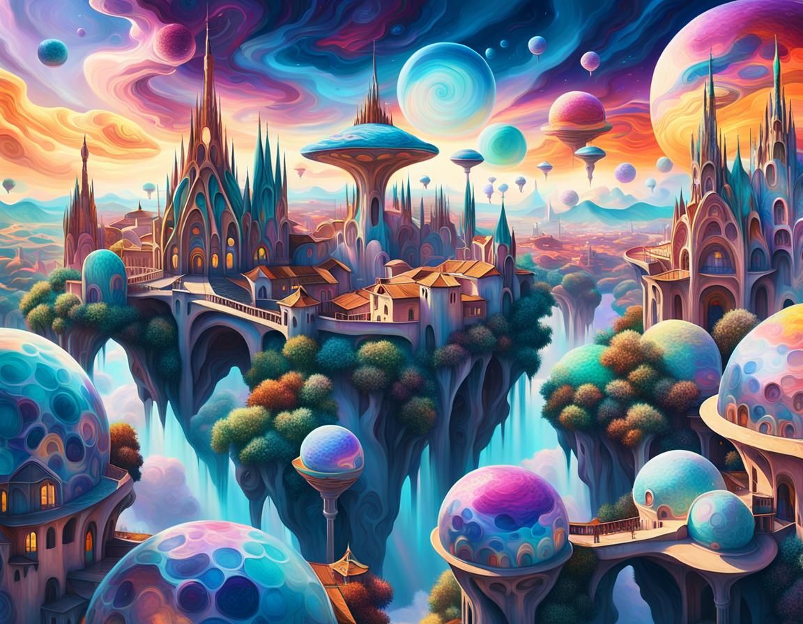 Gaudi-Inspired Village in the Clouds with UFOs