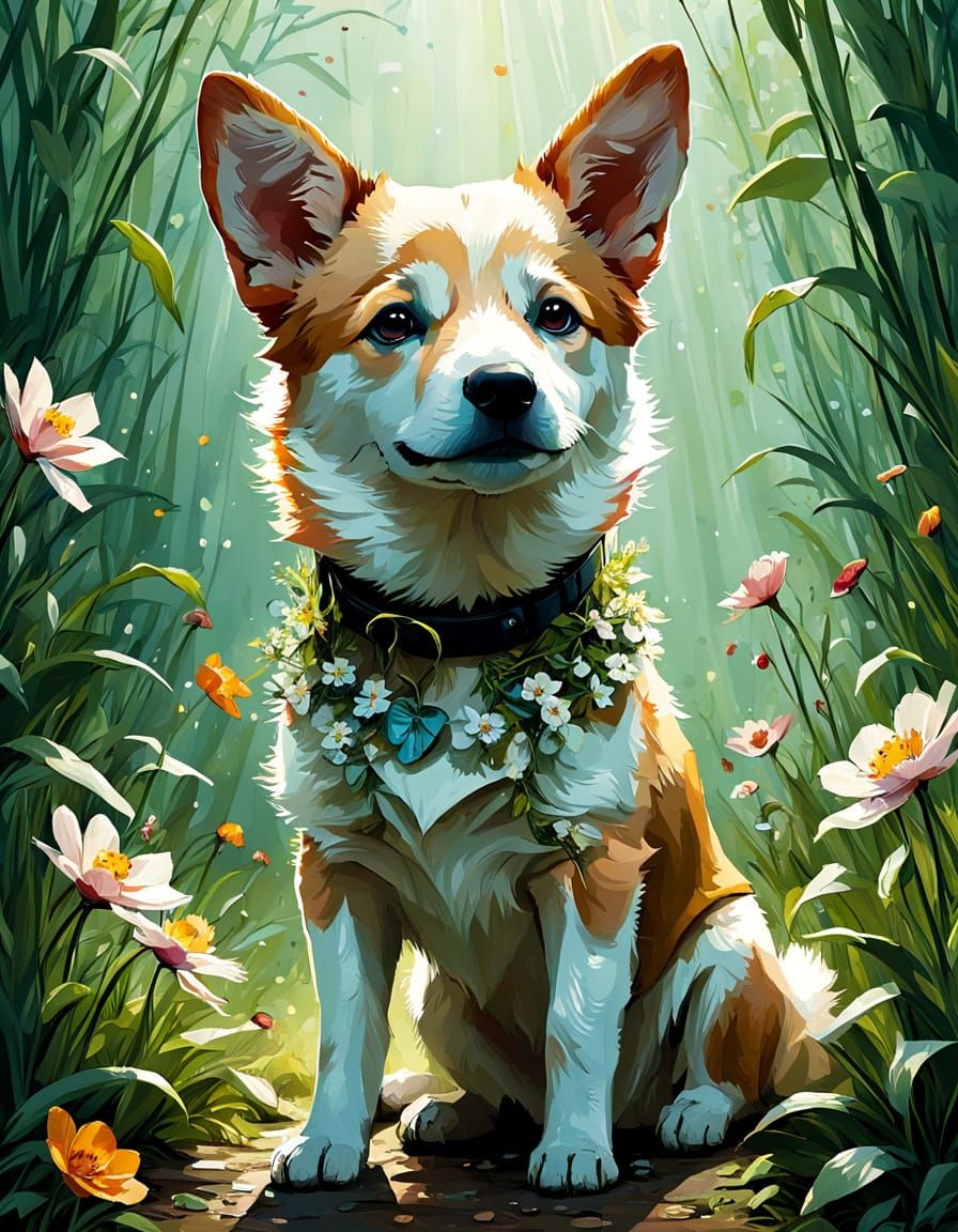 Springtime Canaan Dog in Whimsical Digital Art