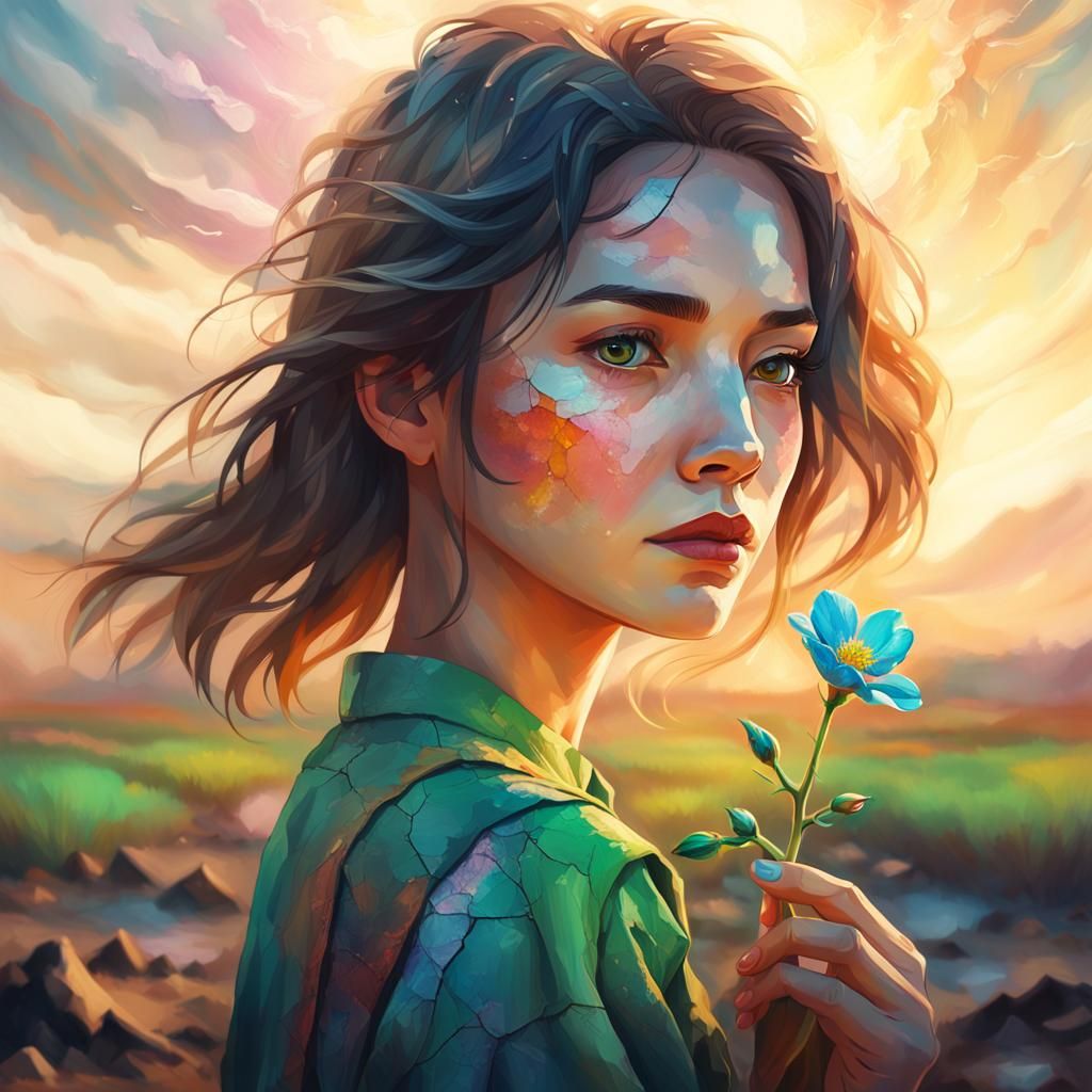 Hopeful Woman with Flower in Desolate Wasteland