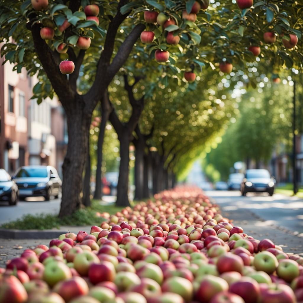 Apple Trees Line Streets in Urban Photo