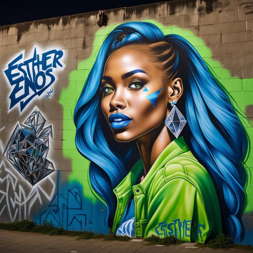 Girl Beside Graffiti of Esther Enos at Night