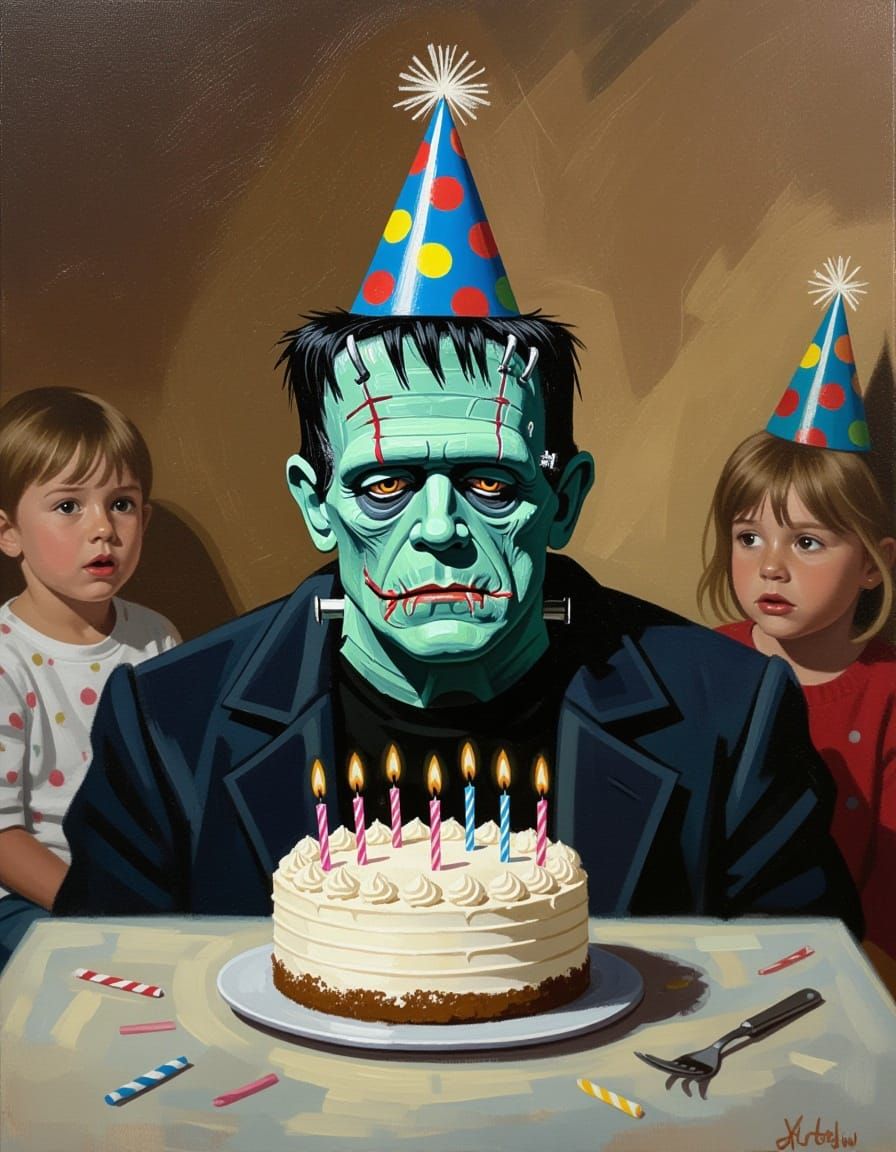 Frankenstein Scared of Birthday Cake Oil Painting
