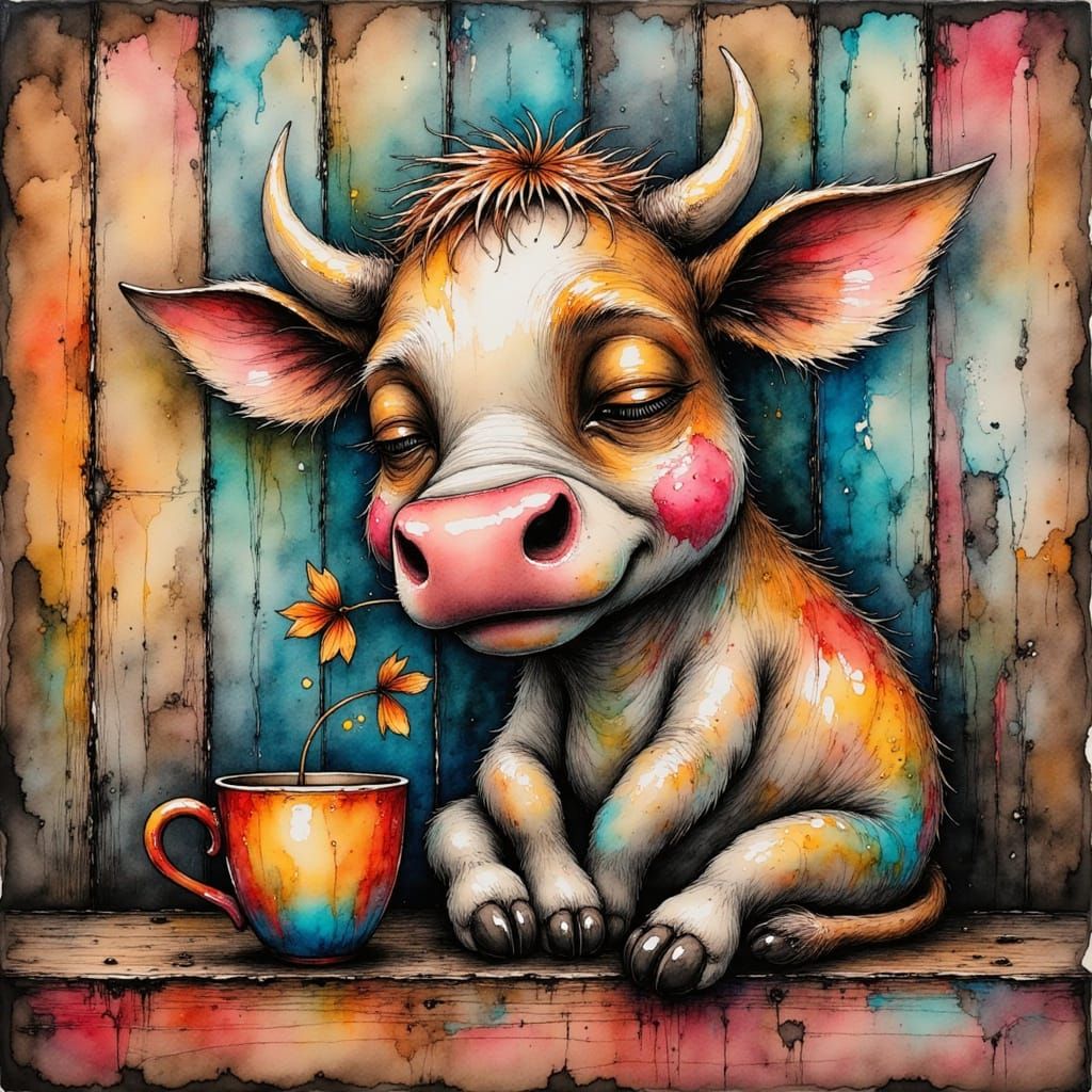 A whimsical, sleepy cow with drooping eyes, a clover hangs o...