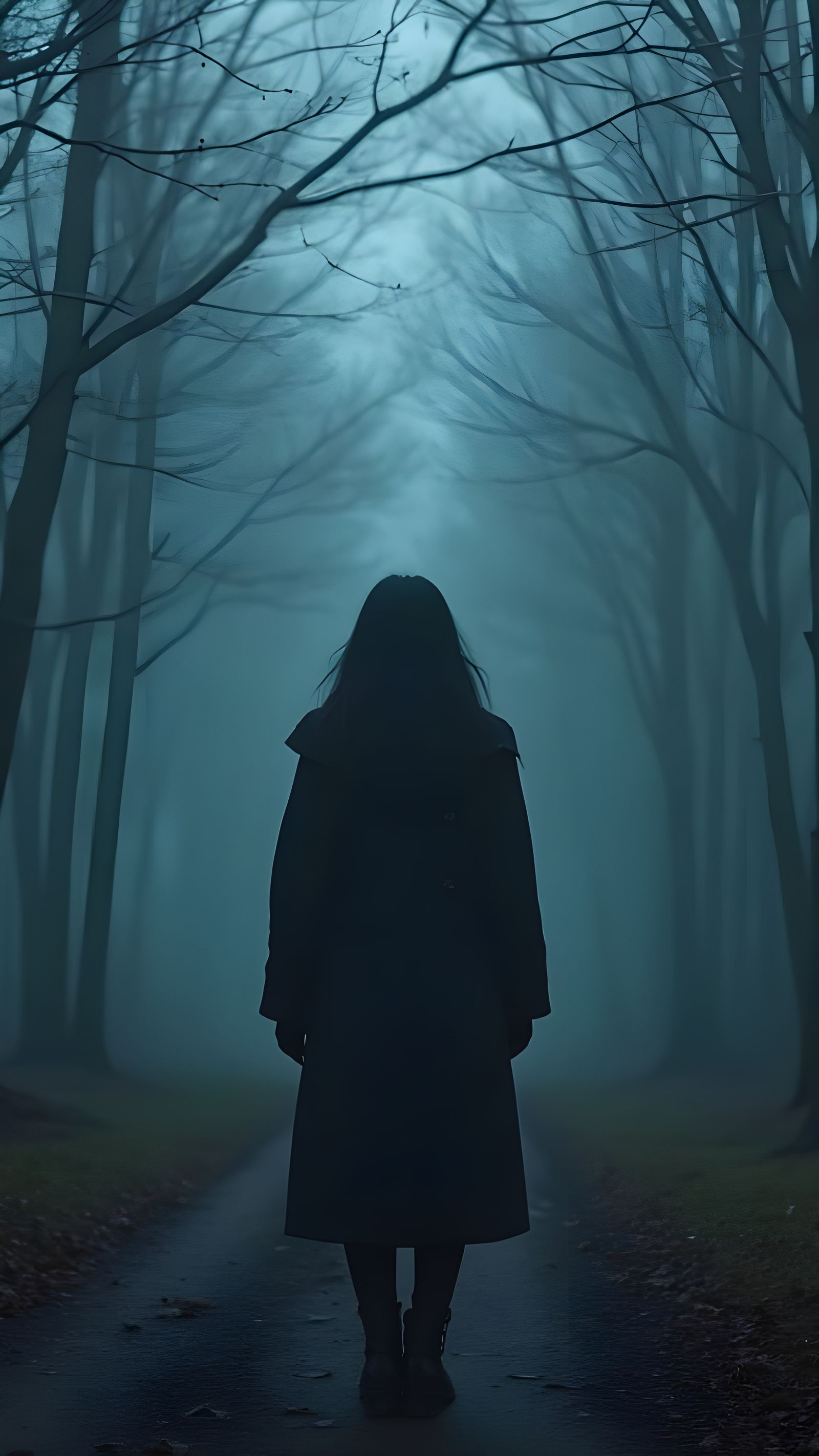 Mysterious Woman in Misty Winter Forest