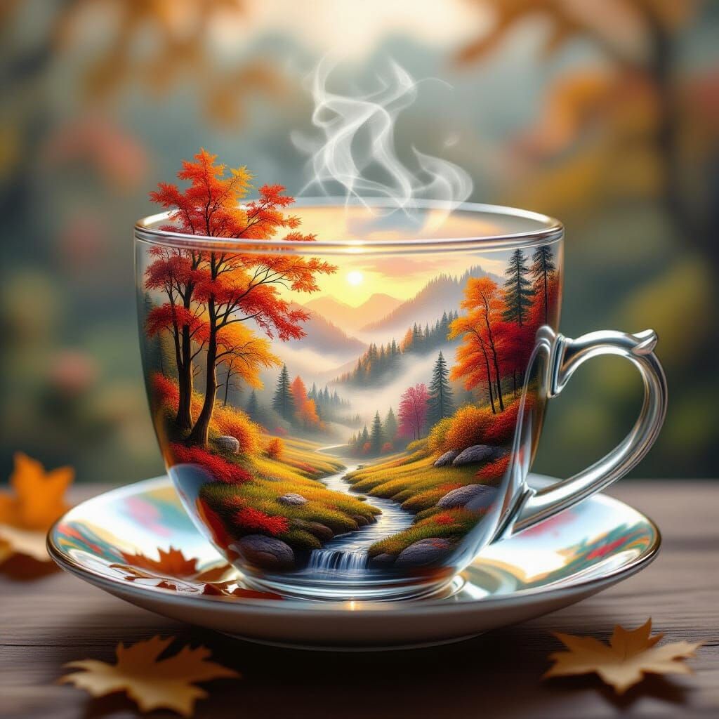 Autumn Landscape Inside Transparent Teacup