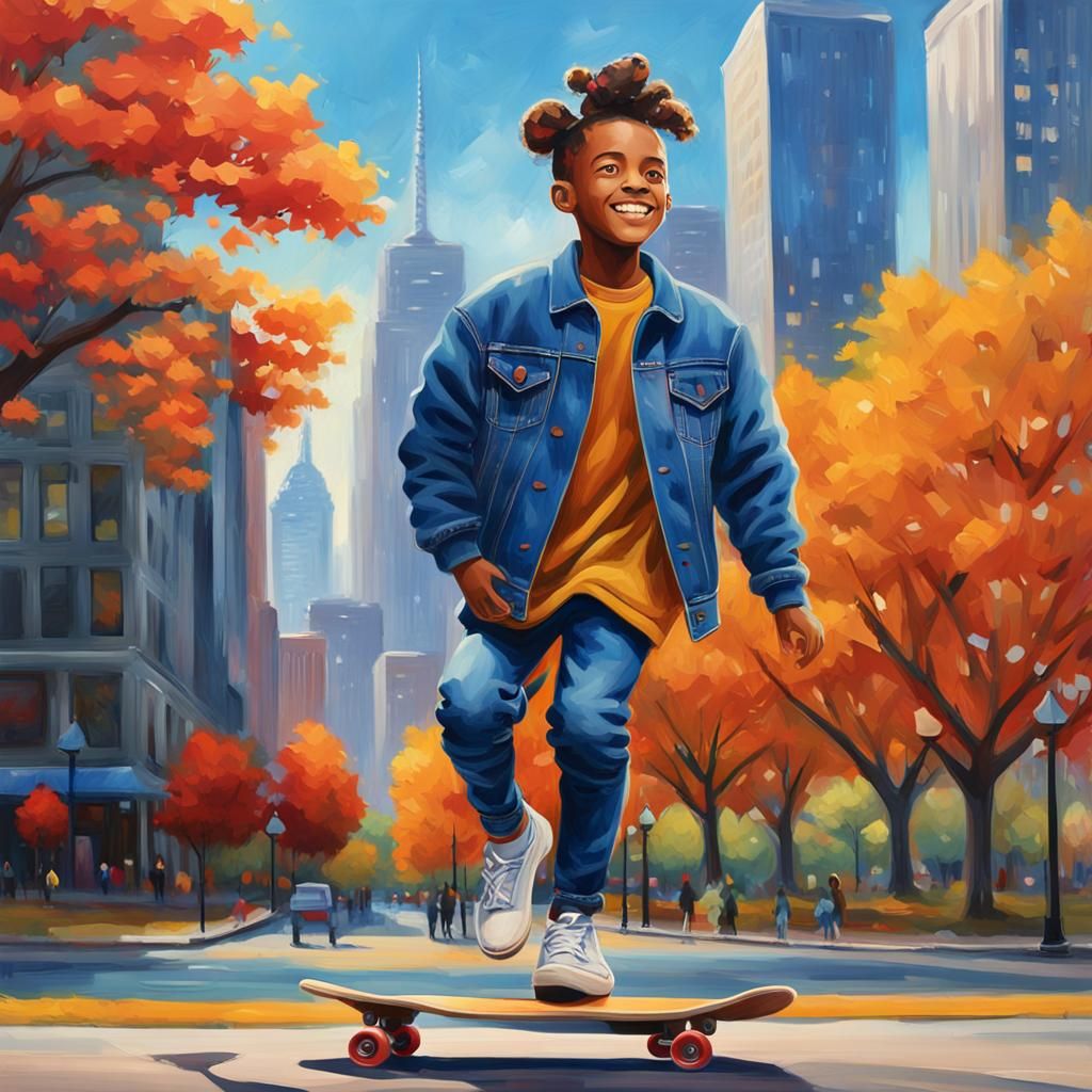 Boy on Skateboard in City Park: Glossy Oil Painting