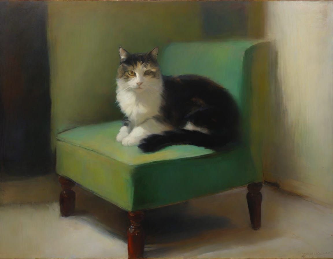 Cat Smoking Pipe in Recliner as Oil Painting