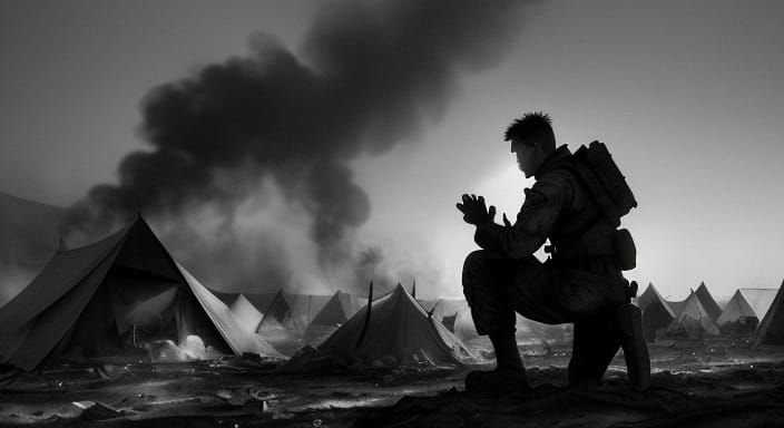 Monochrome Pencil Sketch of Soldier in War Zone