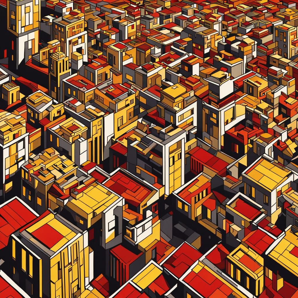 Vibrant Cityscape in Escher-Inspired Tessellation Art