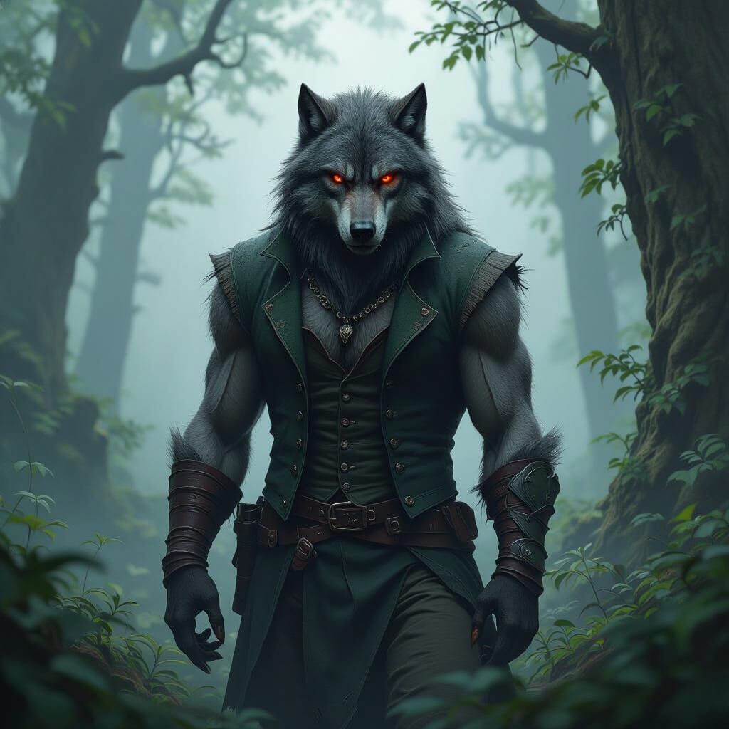 Proud Werewolf in Misty Forest, Ethereal Fantasy Style