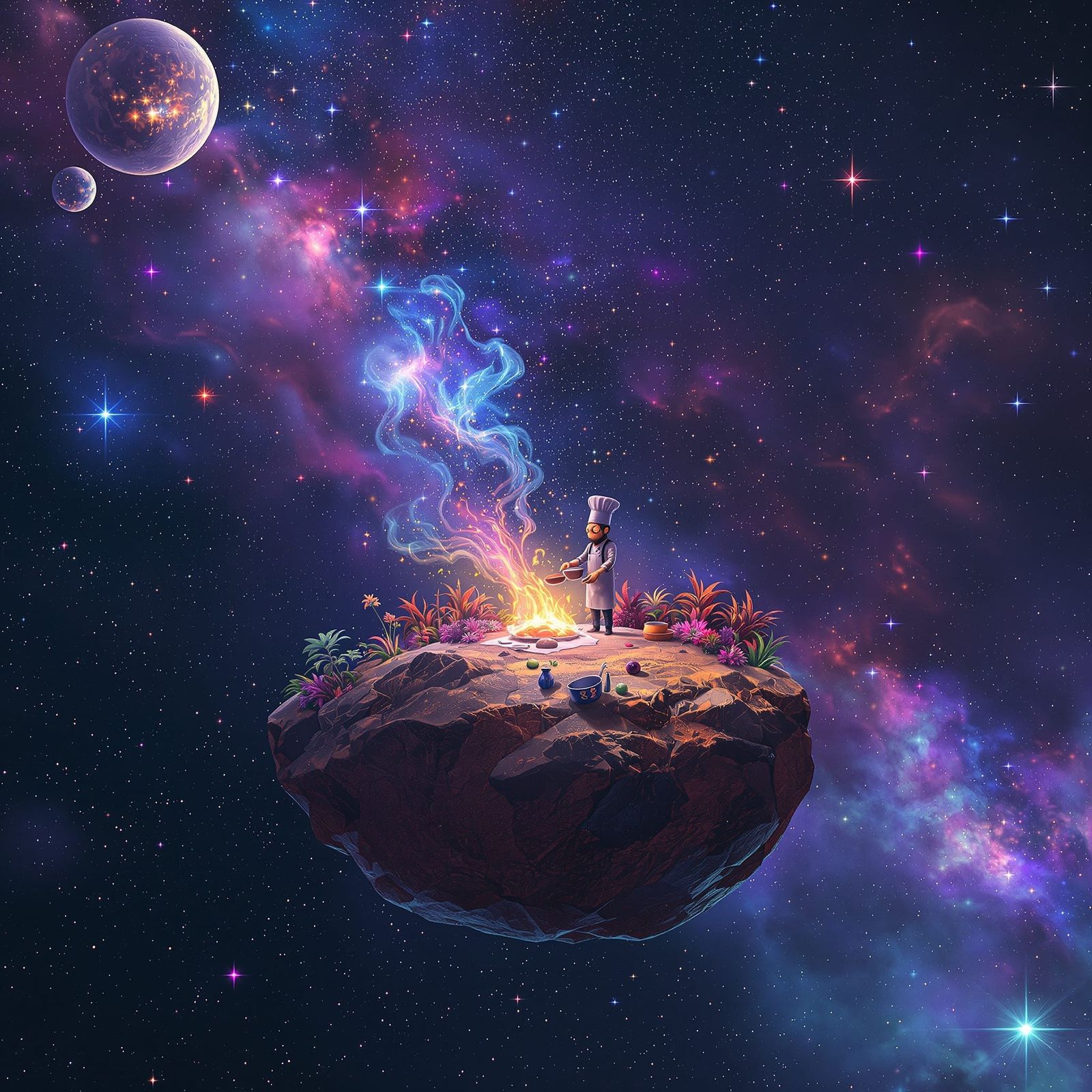 Chef Cooks on Asteroid Amidst Starry Nebulae