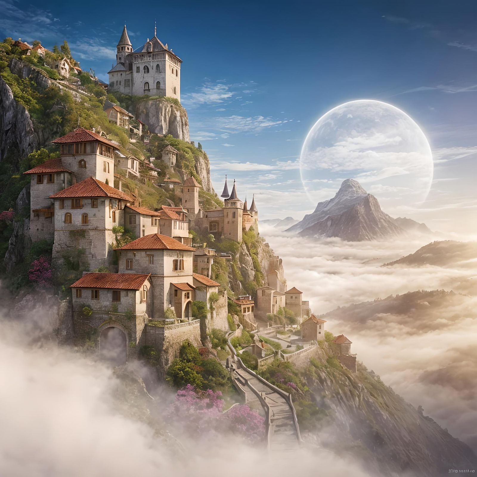 Joyful Medieval Town Around Mountain in Fantasy Style