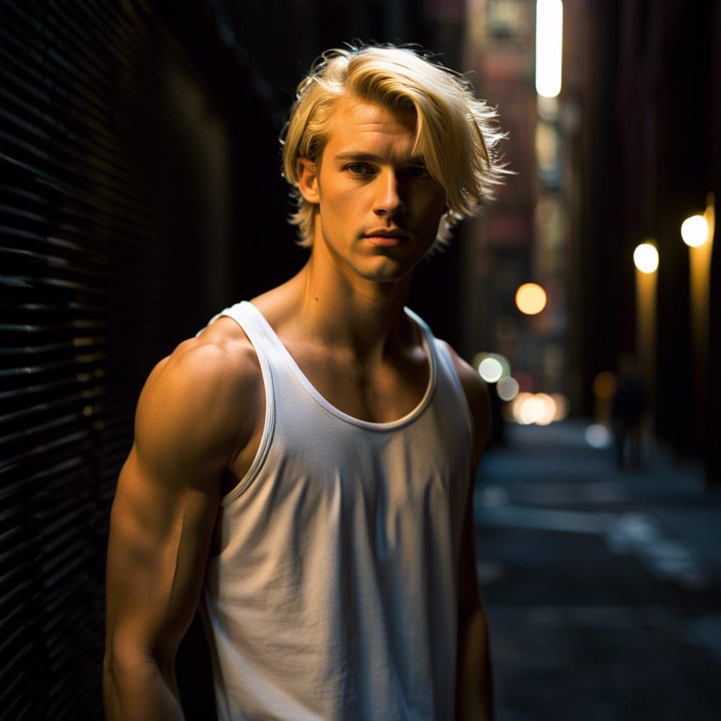 Pensive Blonde Man in New York Alley, Film Photography
