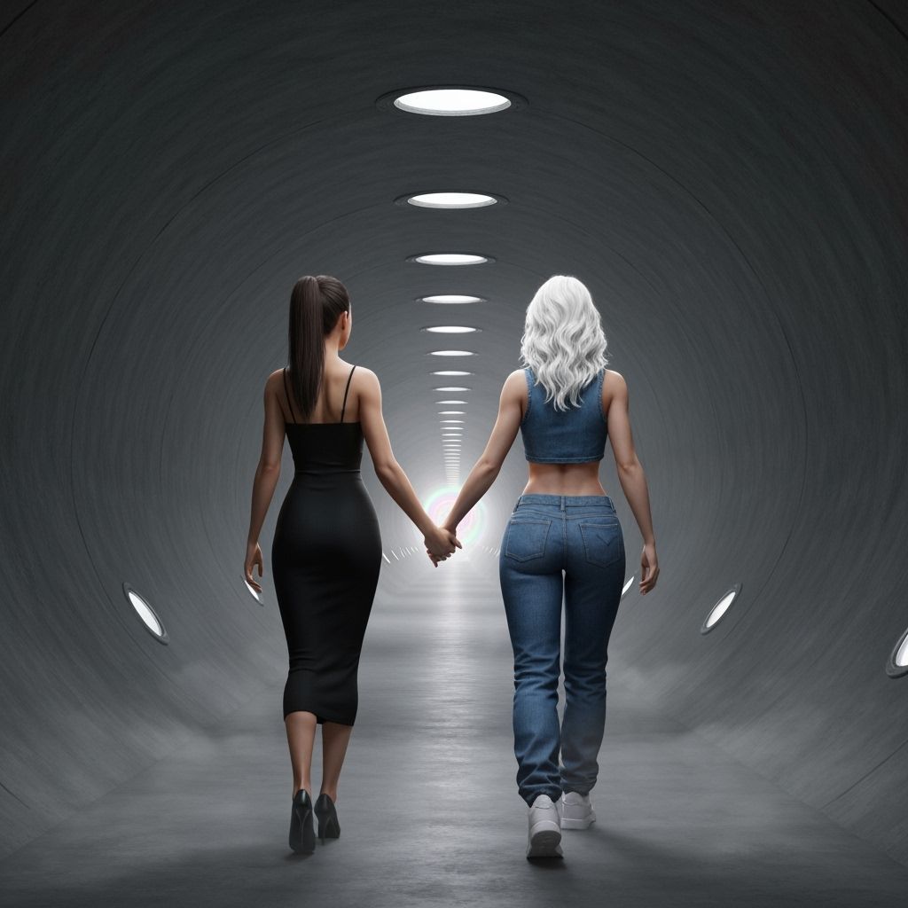 Women Entering Surreal Tunnel With Iridescent Light