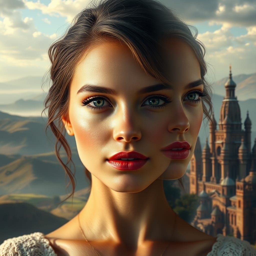 Dreamlike Double Exposure: Woman in Mystical Landscape