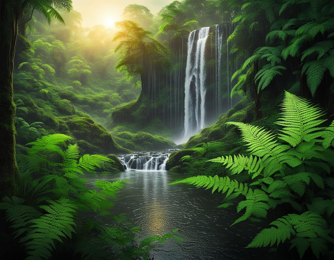 Lush Forest Waterfalls at Magic Hour: Realistic Photo